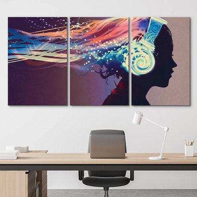 " Girl With Magic Glowing Headphones Print " 3 - Pieces