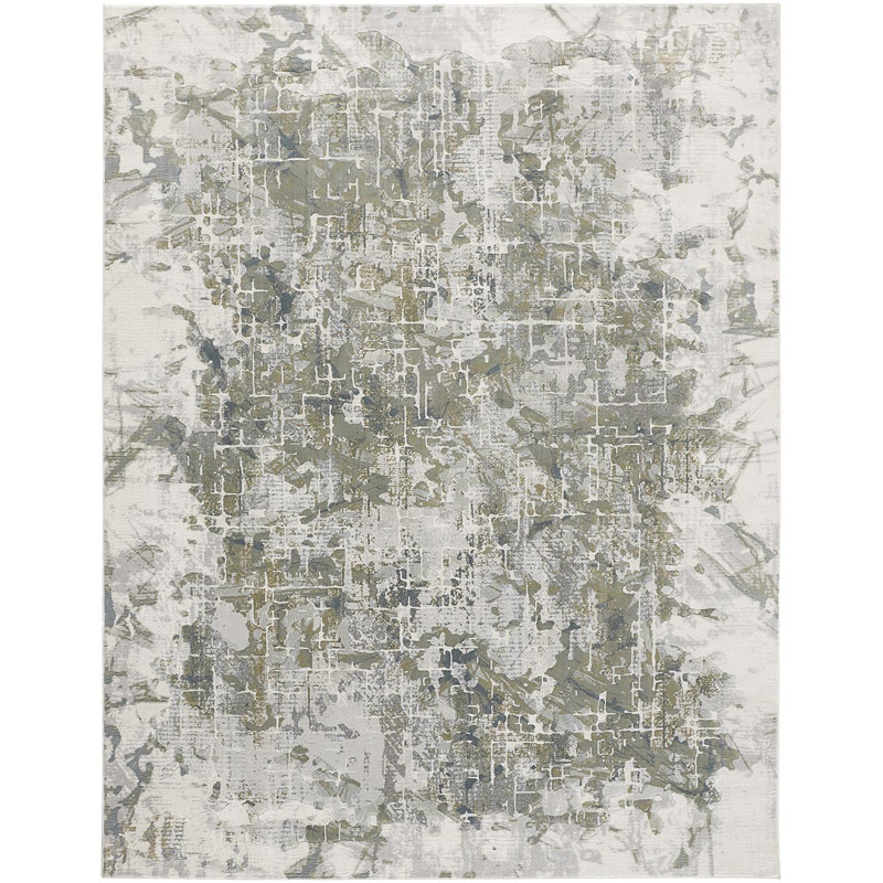 Tapis abstrait ivoire / vert Aybek, Rectangle 3 pi x 5 pi