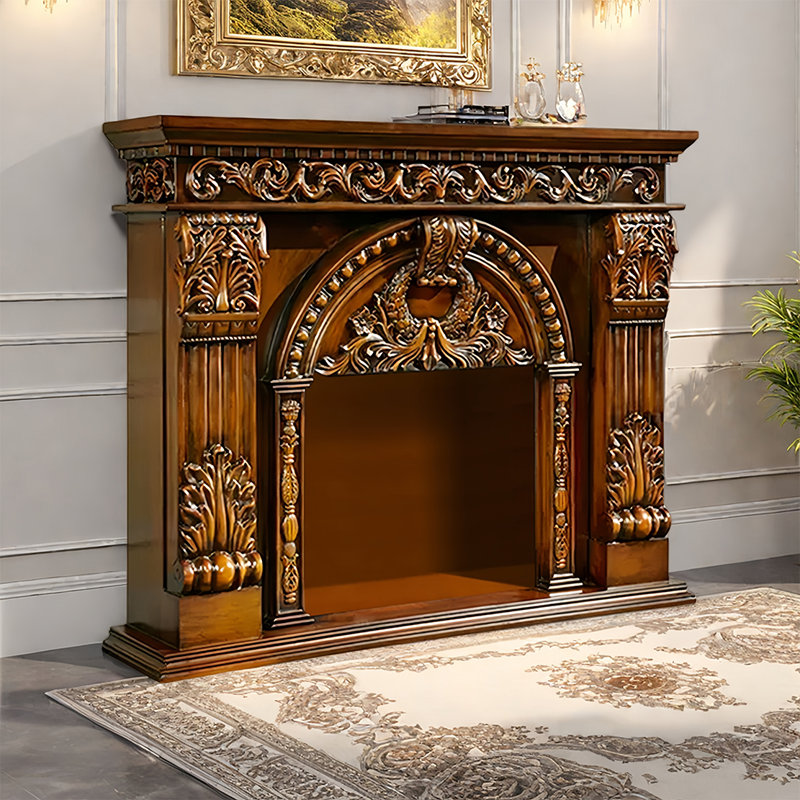 European-style carved mantel, 47.63" H x 59" W x 13" D, Brown