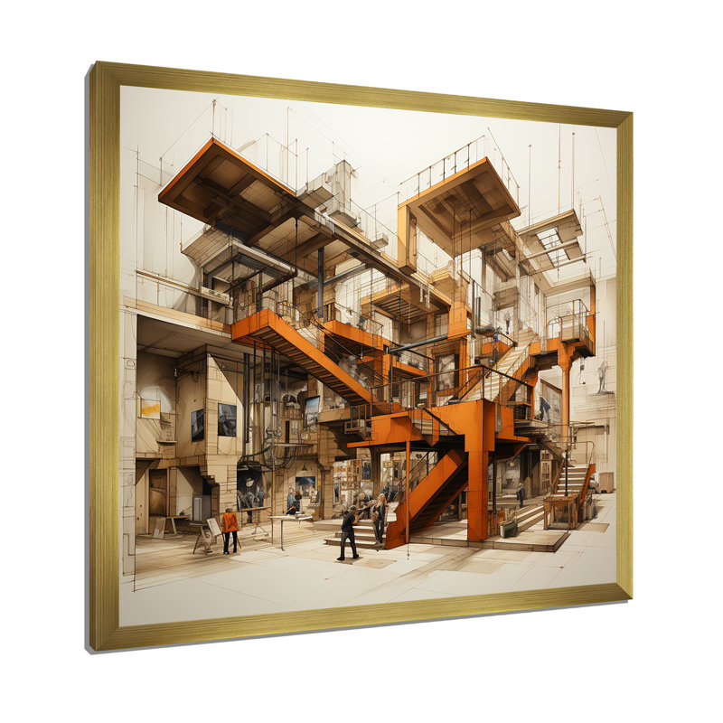 Musées, dessin sur toile, Cadre doré simple, H 24 po x l 24 po x P 1 po
