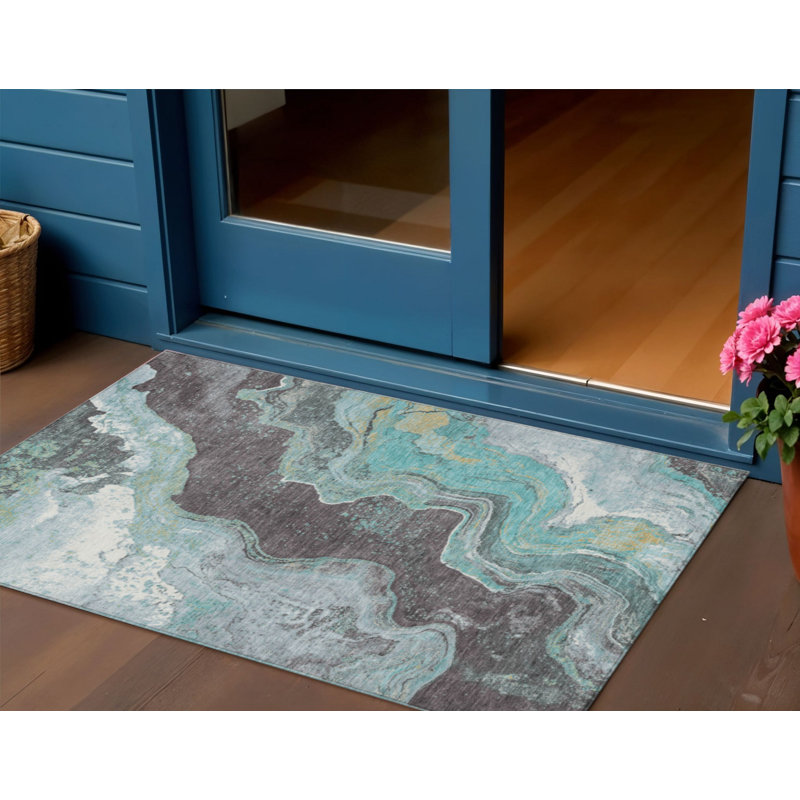 Tapis intérieur/extérieur lavable, 90 x 150 cm, motifs abstraits bleu sarcelle et anthracite