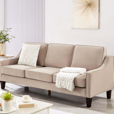 Siège pour 3 personnes avec coussins en velours et pieds en bois, élégant et confortable pour le salon, canapé taupe en velours, structure mi-douce