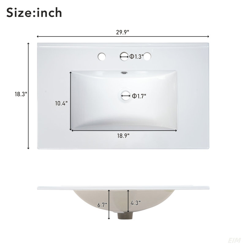 Lavabo de salle de bain rectangulaire en céramique 3 trous 30 po x 18 po, lavabo de meuble-lavabo seulement, convient au robinet central de 8 po, blanc (robinet et armoire non inclus) [lavabo seulement]