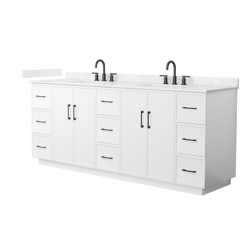 Ensemble de meuble-lavabo double 84 po Elan, Blanc avec garniture noir mat, Comptoir en marbre de culture de Carrare