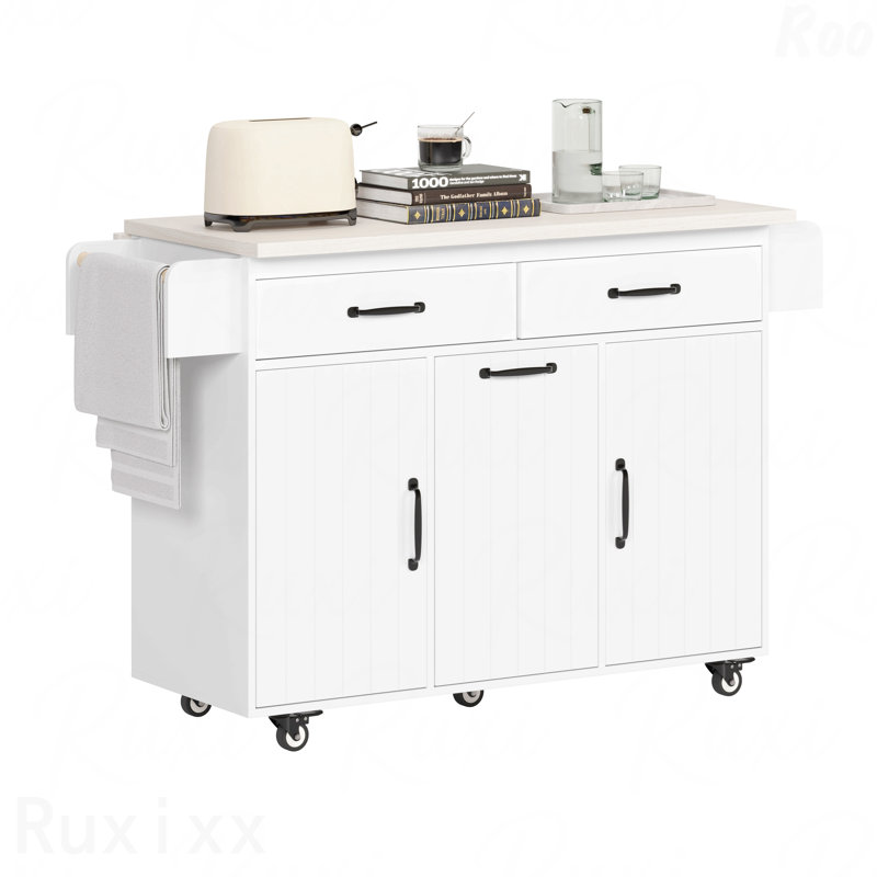 Îlot de cuisine avec armoire de rangement pour poubelle, chariot de cuisine avec abattant, support à épices, porte-serviettes et tiroir, îlot de cuisine sur roulettes avec tablette réglable