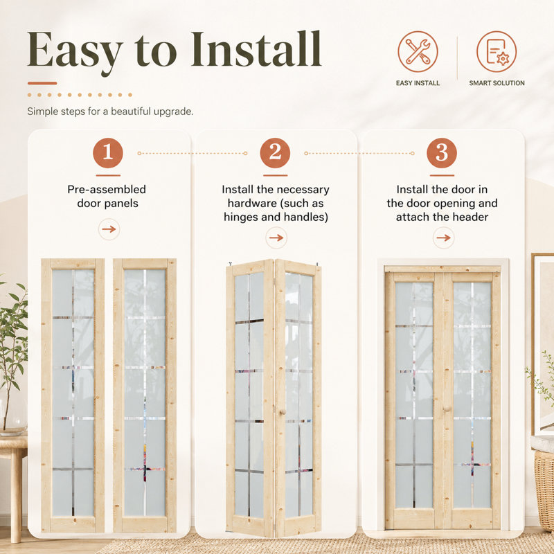 48 po x 80 po avec porte pliante double en verre clair et bois massif 48 po x 80 po avec quincaillerie d'installation Surface non finie