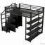 Lit mezzanine en métal avec tablettes de rangement, armoires et garde-robe