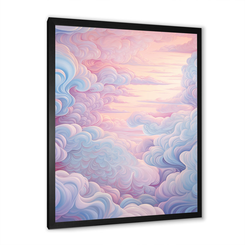 Paysage kawaii en rose doux sur toile, Cadre photo noir, H 20 po x l 12 po x P 1 po