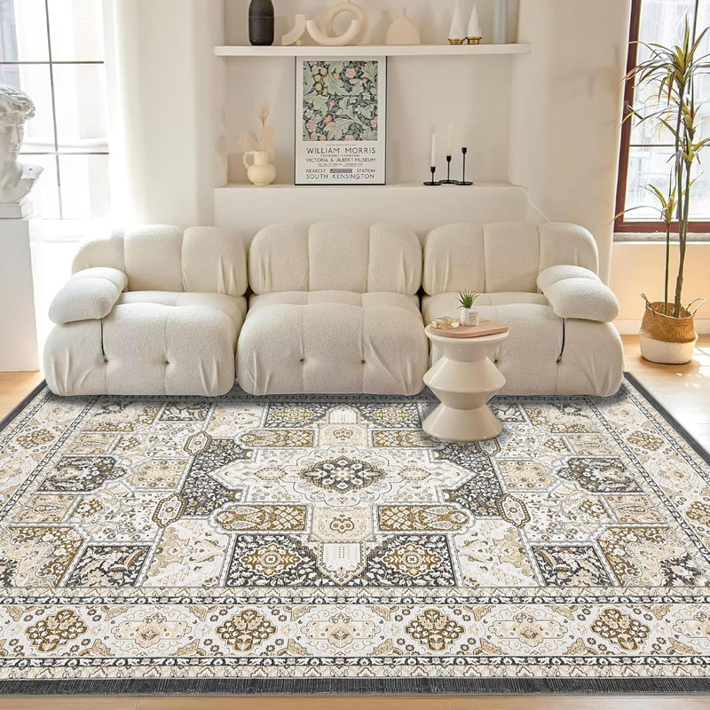Modern Geometric Trellis Area Rug, Boho Machine Washable Non-Slip, Vintage Medallion Stain-Resistant Floor Carpet for Living Room (Camel)