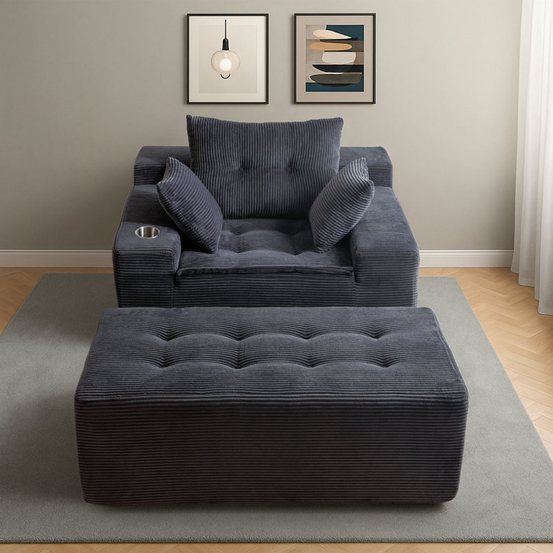 Canapé orange en velours côtelé avec repose-pieds, Velours côtelé gris