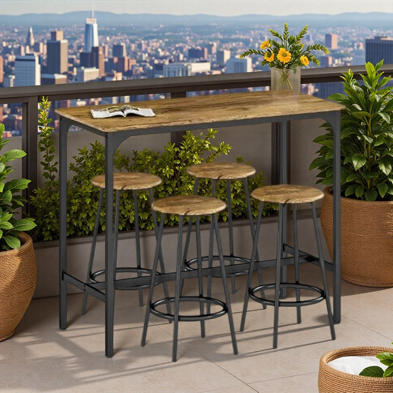 Table de cuisine intemporelle et résistante avec tabourets, table de bar et 4 chaises, ensemble table et chaises de bar de 5 pièces.