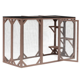 Brown wood outdoor catio with shelves. 