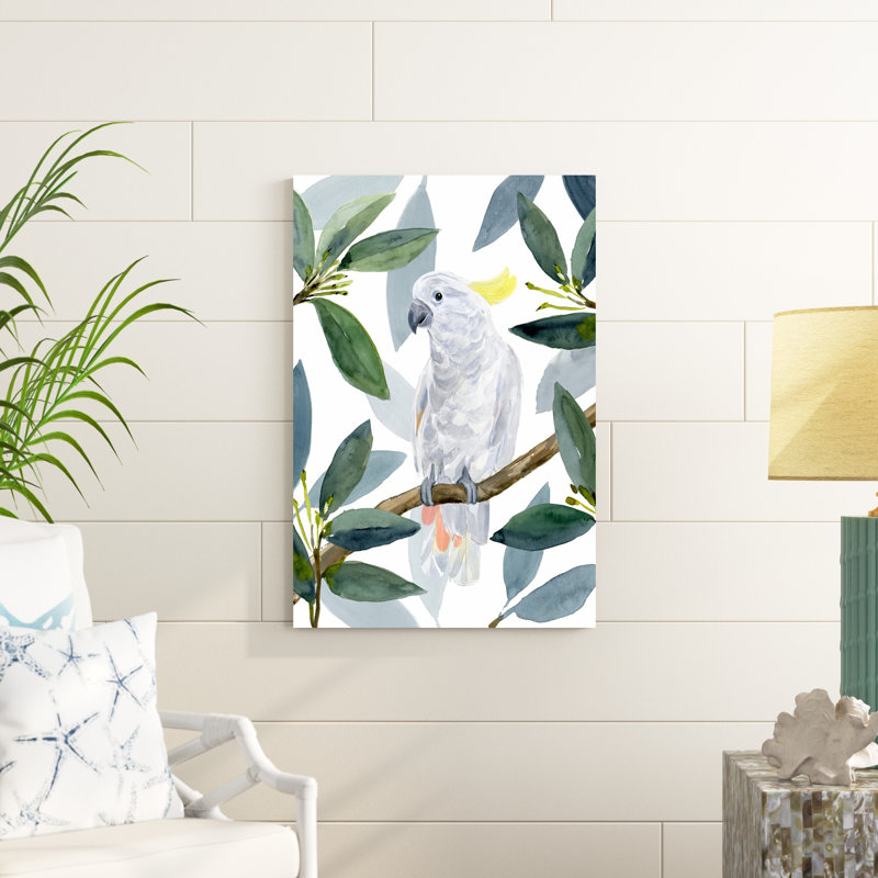 Cockatoo Perch II par Annie Warren - peinture sur toile tendue, H 36 po x l 24 po
