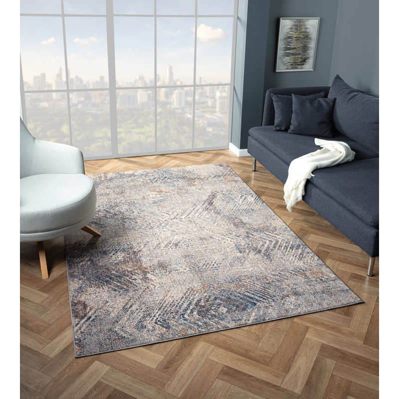Mariandi Fulton - Tapis à chevrons bleu délavé avec texture moderne, Rectangle 10 pi x 13 pi 2 po