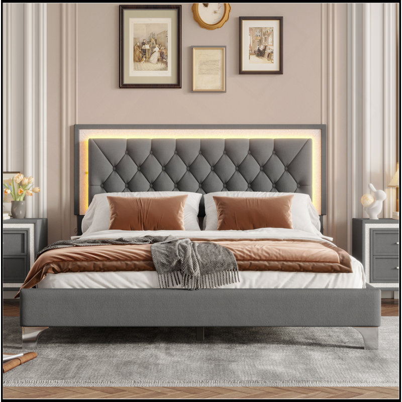 Structure de lit tapissier avec lumières DEL, lit plateforme en velours moderne avec tête de lit capitonnée, Gris, Grand lit