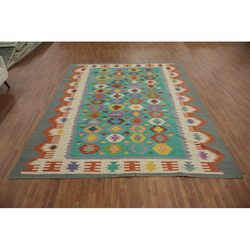 Tapis vibrant tissé à la main kilim 9 x 12 avec motifs géométriques