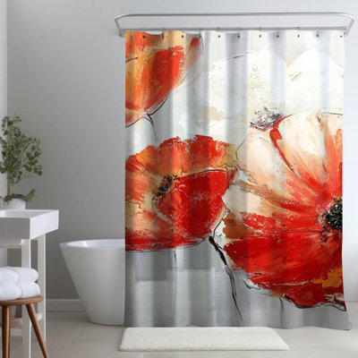 Abstract Red Wild Flowers – Polyester Shower Curtain, Dye Sublimation Print, 71" W × 74" L