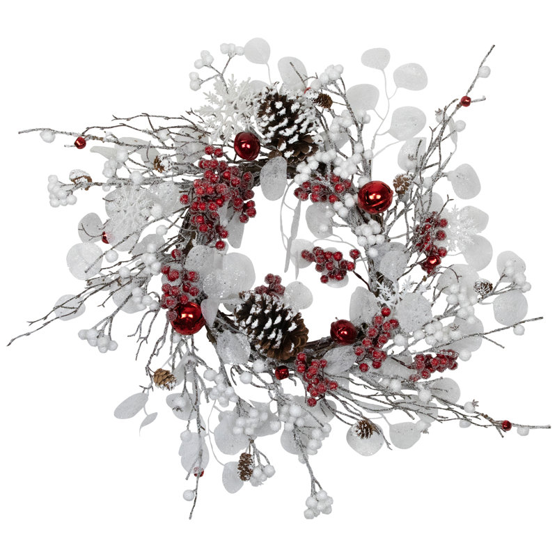 Berries And Snowflakes Artificial Christmas Wreath - 24" - Red And White - Unlit
