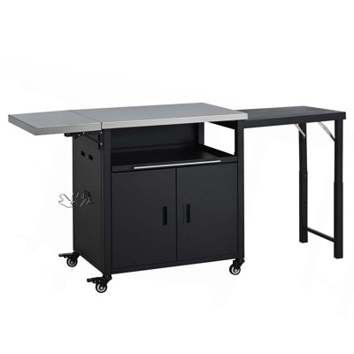 Foldable Outdoor Prep Station BBQ Cart, Kitchen Island Grill Cart With Trash Rack And Storage Space