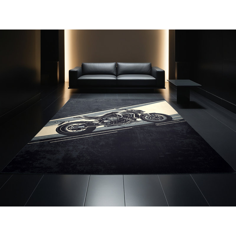 Machine Washable Maurice Cyberpunk Motorcycle Modern Geometric Rug in Grey – Black Binding, 8x10