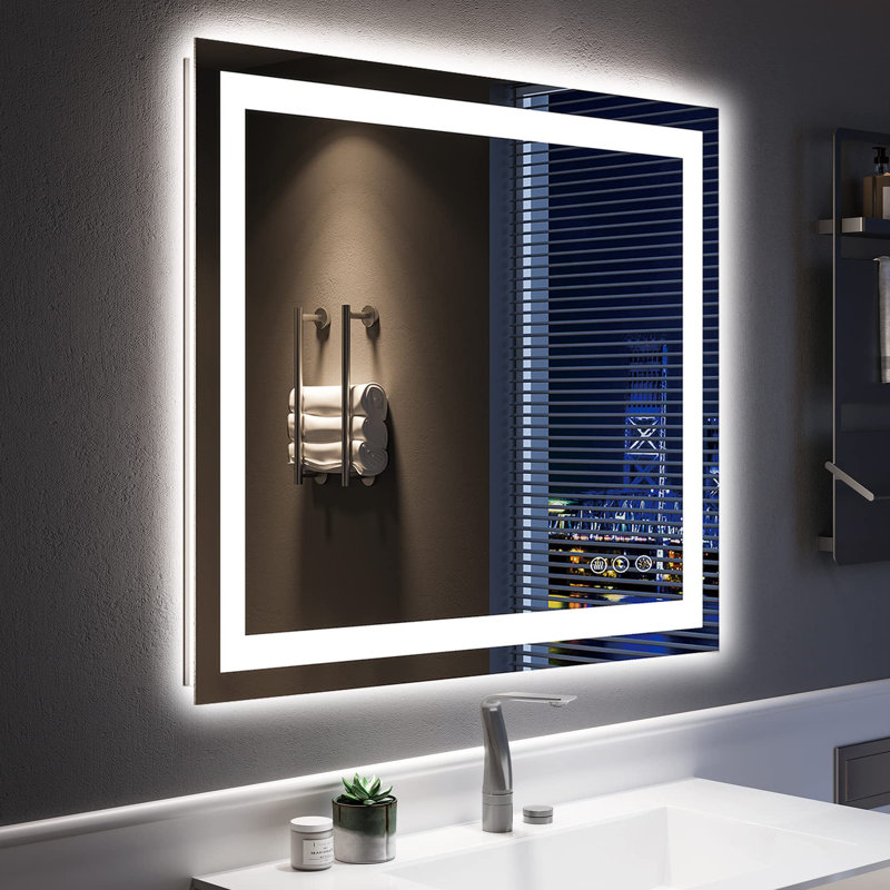 Akilan Frameless LED Vanity Mirror with Front-lit and Back-lit, Memory Function, 3 Color Temperatures & Dimmable Light, Anti-fog Tempered Glass ETL Mirror