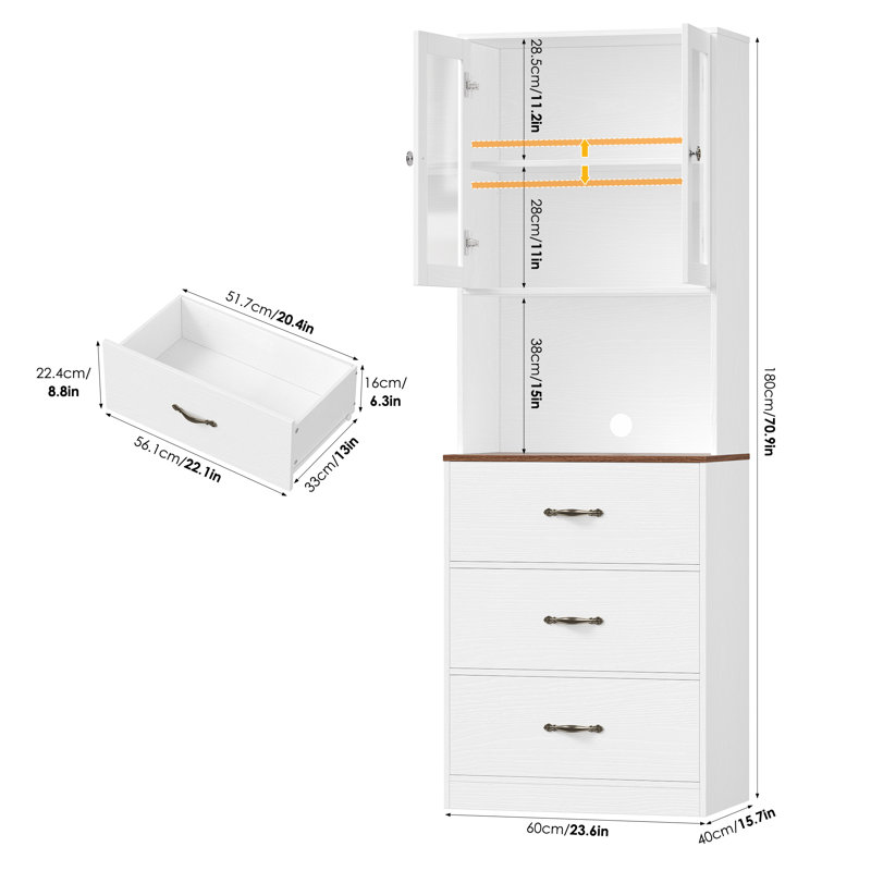 70.9"H × 23.6"W Tall Bookcase With 3 Drawers, Adjustable Shelves&Cable Cutout, Embossed White