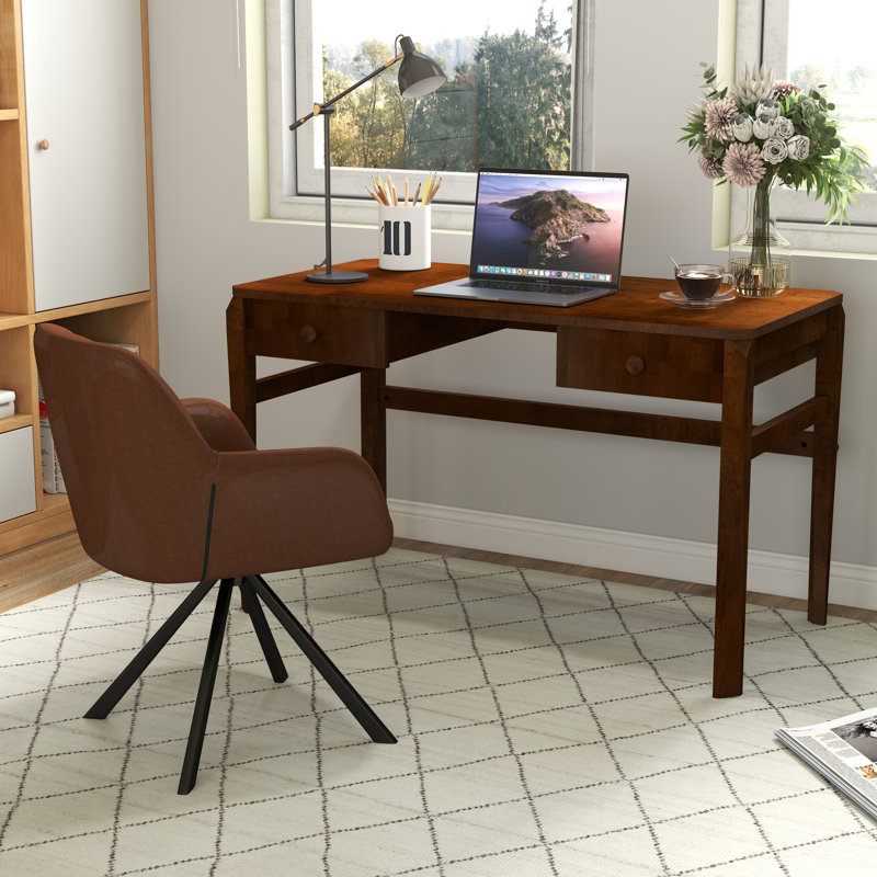 Modern Wooden Desk & PU Swivel Chair Set - 2-Drawer Office Desk With Ergonomic Biscuit-Back Chair, Brown
