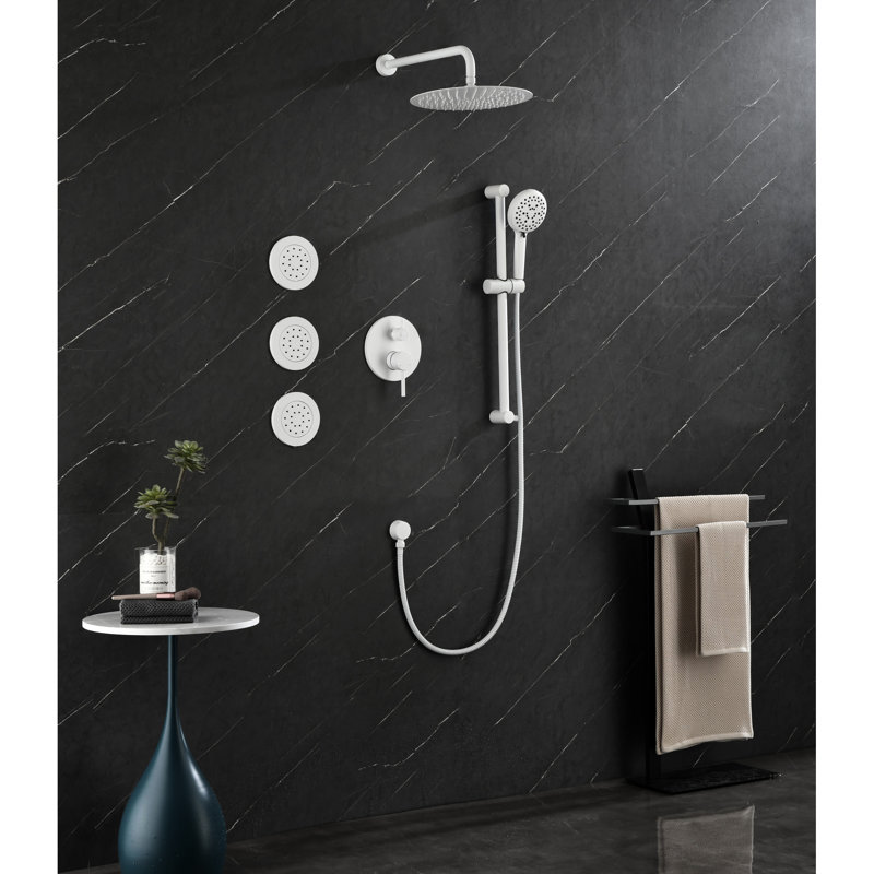 Système de douche en laiton blanc avec tête, douche à main, barre coulissante et ensemble de jet pour le corps