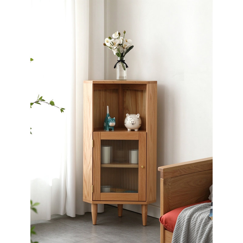 Solid Oak Frame Corner Curio Cabinet with Fluted Glass Panel