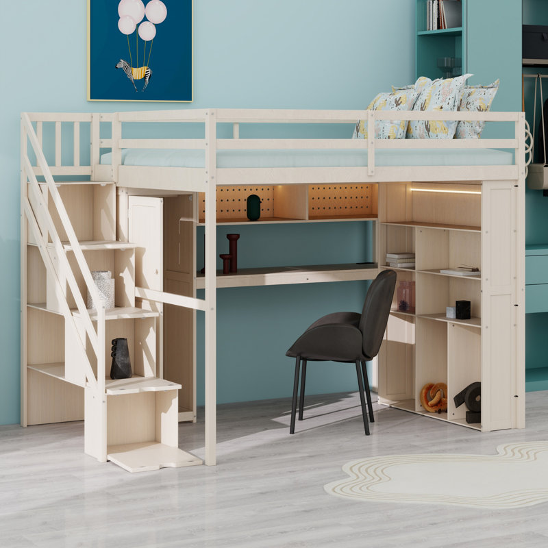 Lit mezzanine peu encombrant avec armoire intégrée, bureau, tablettes et éclairage, Beige