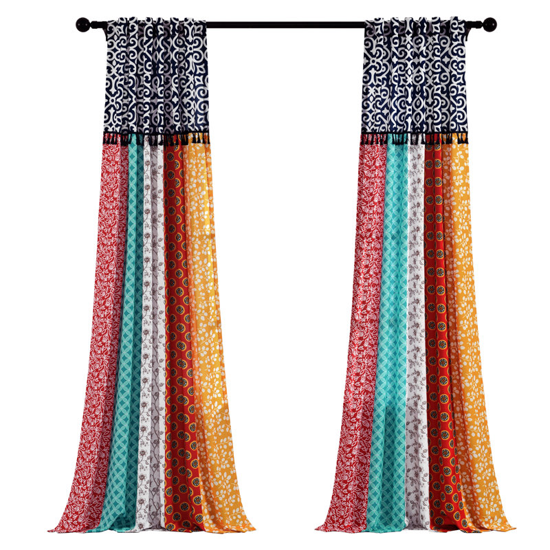 Boho Patch Polyester Semi Sheer Curtain Pair, 45" W x 95" L