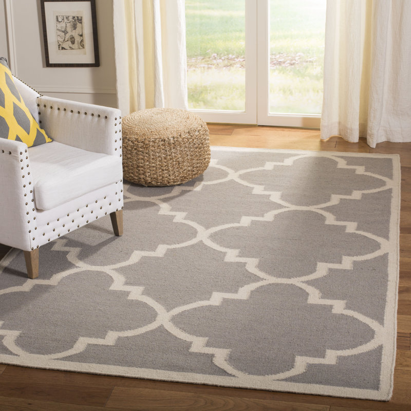 Rodgers Hand Woven Flat Weave Wool/Cotton Geometric Rug in Ivory/Gray, Rectangle 4' x 6'