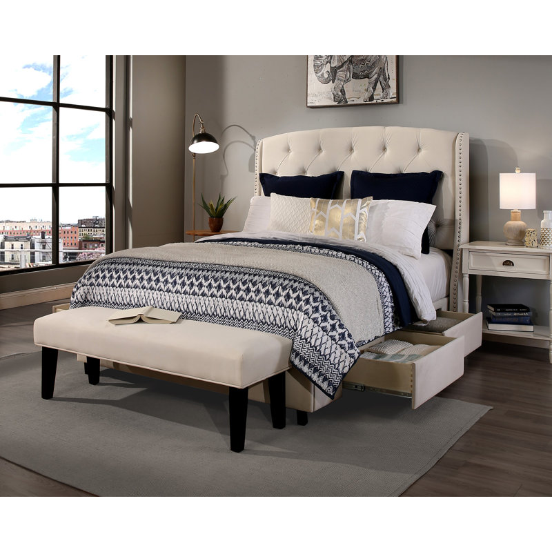 Riffat Upholstered Metal Wingback Storage Bed, California King, 4 Drawers, Gray