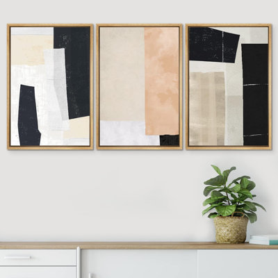 Trio de formes Mid-Century asymétriques noir, corail et brun clair, encadré sur toile, 3 pièces