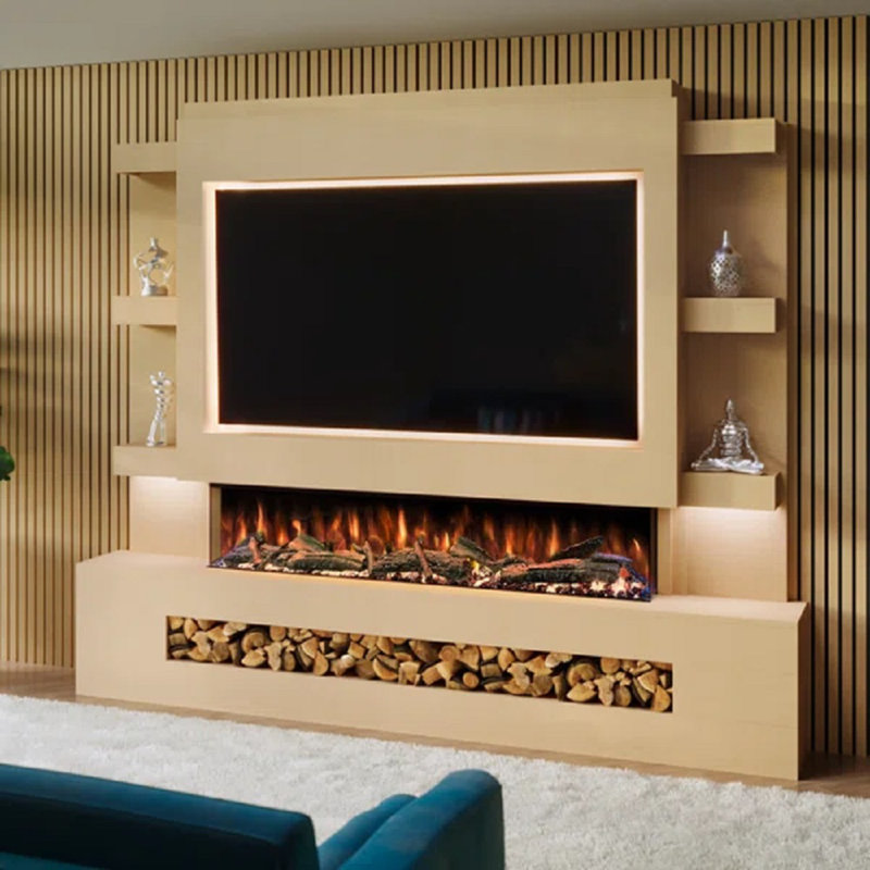  Pre-Built Media Wall Package 15 | Includes 60 Inch Spectrum 3-Sided Electric Fireplace | TV Feature Wall with LED Flame Effect |