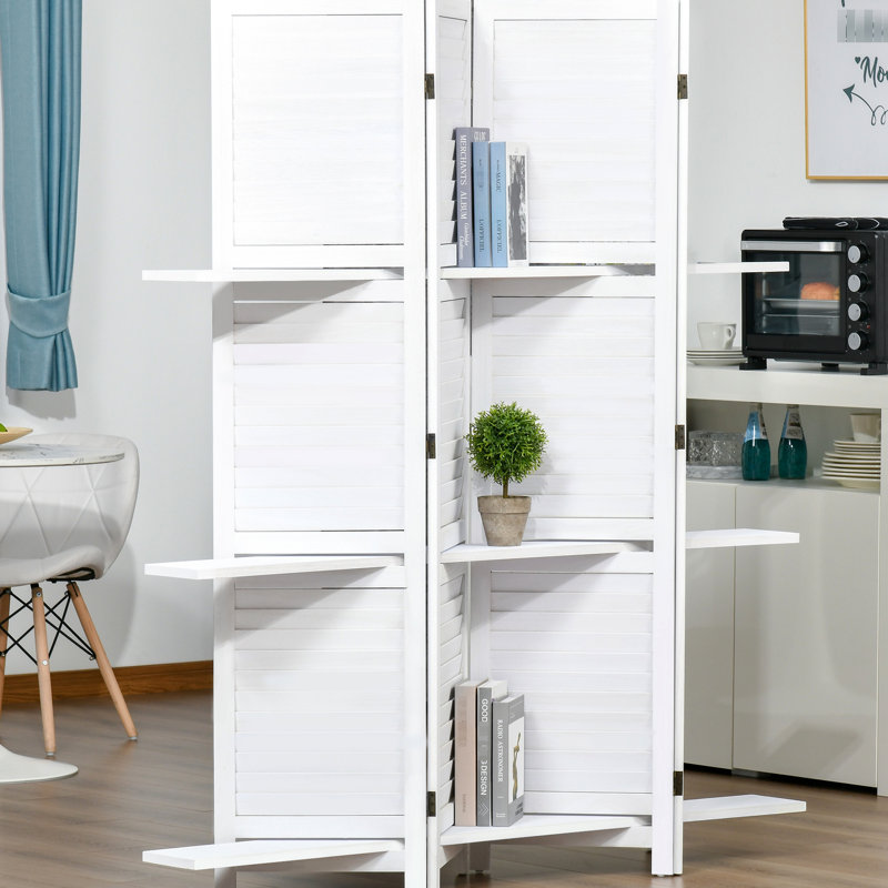 Paravent en bois 4 panneaux 67 po avec 3 tablettes, pliable pour le bureau et la chambre à coucher, écran blanc, bureau / chambre à coucher
