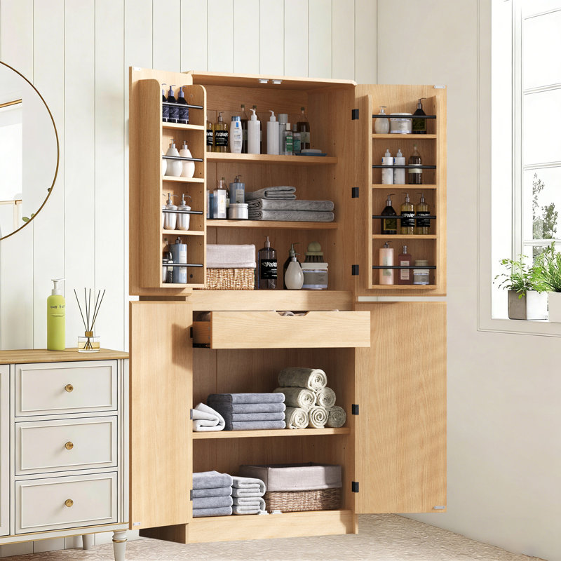 72" Tall Bathroom Storage Cabinet With 8 Door Shelves, Curved Design Storage Cabinet With 3 Adjustable Shelves, Hidden Drawer