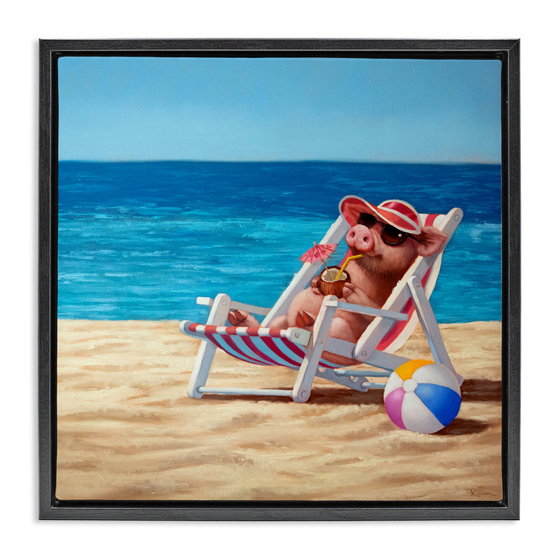 Pig with Beach Cocktail Framed Floater Canvas Wall Art by Lucia Heffernan, Black, 18" H x 18" W