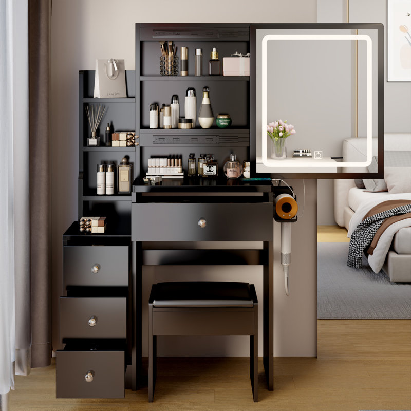 Table de chevet avec armoire de chevet, Noir 1