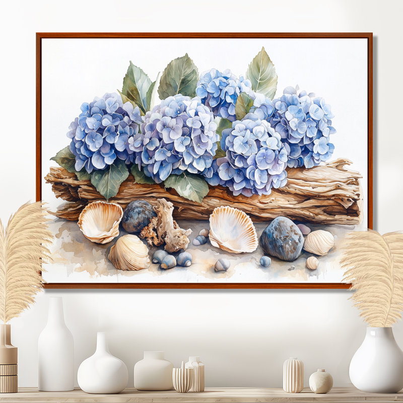 Domoni hortensias et bois flottant, H 30 po x l 40 po, Impression encadrée flottante, Brun