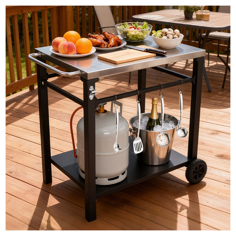 Chariot de barbecue extérieur à 2 niveaux avec plateau en acier inoxydable, grande base de roue, noir et blanc
