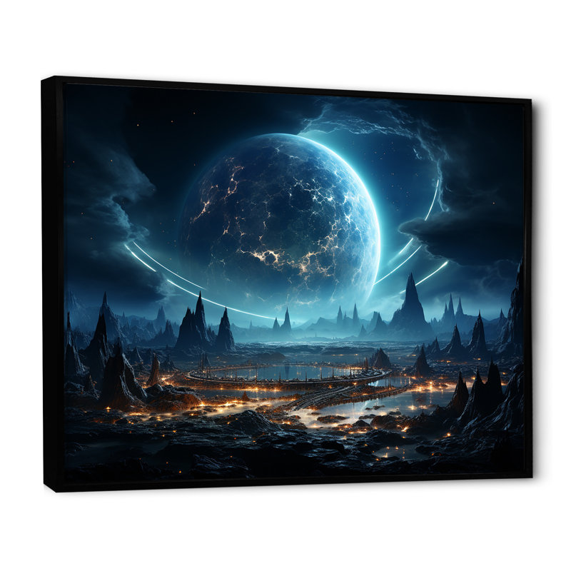 Toile blanche et bleue avec espace cosmique III - Planètes, art sur toile, Cadre flottant noir, H 30 po x l 40 po x P 1,5 po