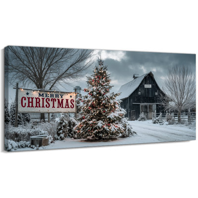 Abhinaya - peinture de grange rouge d'hiver avec arbre de Noël et signe de joyeux Noël, affiche rétro sur toile pour photo de maison de vacances prête à être accrochée, 12 po x 24 po