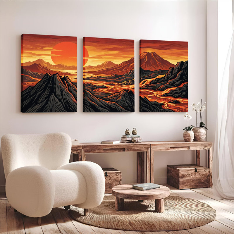 Ensemble de 3 toiles murales représentant un coucher de soleil sur un paysage volcanique, 1218