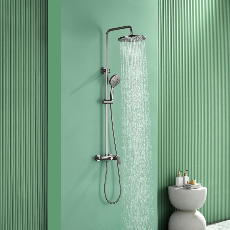 10 Inch Exposed Pipe Tub Shower System With Hand Shower Single Handle Wall Mounted Shower Faucet Set Brass Shower Trim Kit With Slide Bar