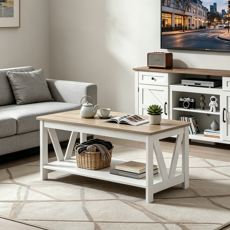 Table basse rustique de style campagnard de 100 cm avec étagère de rangement à 2 niveaux, structure en V renforcée en bois composite, résistante aux rayures et à l'eau, montage facile pour le salon