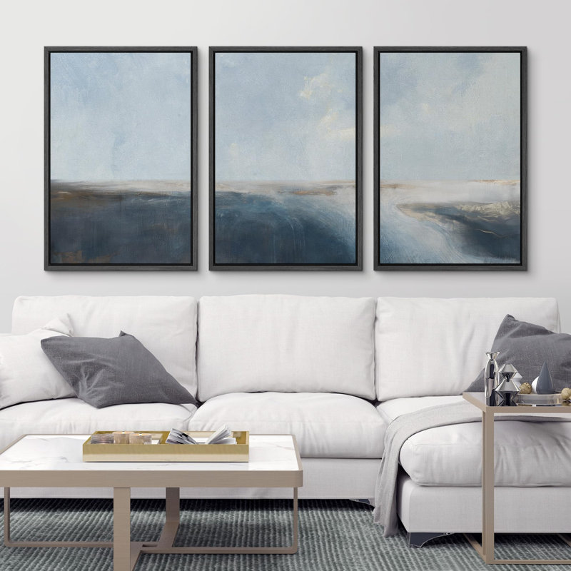 "Contemporain bleu et beige, paysage abstrait, illustrations, art moderne, salon", 3 pièces, Noir, H 24 po x l 16 po