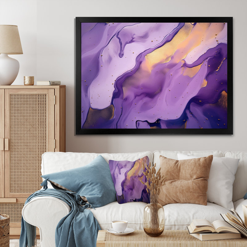 Mauve et or marbré, nuages d'encre II - impression, Cadre photo noir, H 30 po x l 40 po x P 1,5 po