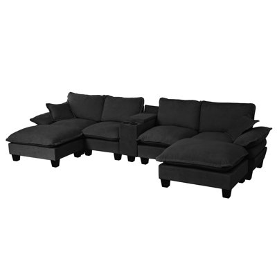 Modular Cloud Couch, U-Shape Sailboat Sofa With Cup Holders & Storage, USB Port, 2 Ottomans & 2 Pillows, Chenille For Apartment & Living Room, Black