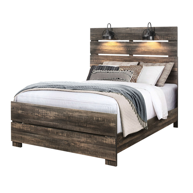 Grand lit moderne en chêne foncé, conception à panneaux, tête de lit, sommier à ressorts, avec